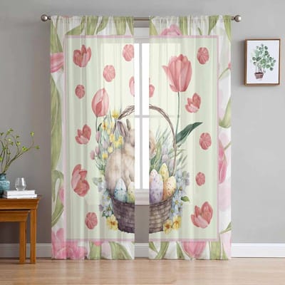 Bloem Konijn Tulp Aquarel Lente Pasen Tule Voile Gordijnen voor Slaapkamer Woonkamer Raamgordijn Transparante Organza Gordijnen 135W x 114H(cm) white