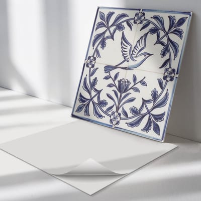 Wallfluent Vinyl Tegels - Vogel tussen Planten Motief Zelfklevende Vinyl Tegels - 30 cm x 30 cm - Blauw Vinyl Tegels - Verpakking van 9 stuks - Vierkant PVC Tegels - Bloemen en Planten Plaktegels - Vinyl Wandtegels - Plaktegels Keuken en Badkamer