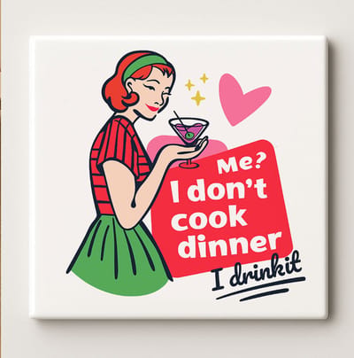 Grappige Retro Keukentegel – “Ik kook geen avondeten, ik drink het” – Humoristische Cocktail Quote Wanddecoratie – 15x15cm Keramische Tegel Cadeau voor Vrouwen