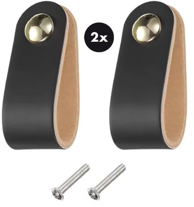 Actie4you® - Leren Handgrepen – Meubelgreep – Handvaten Kast – Keukengreep – Ladegreep – Leren Lus – Incl. Schroeven - Set van 2 – Buffel Leer – Zwart