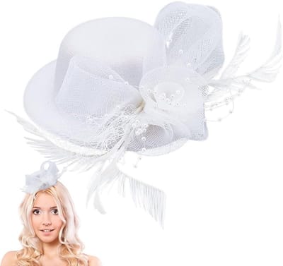 Vintage Mini Fascinator Hoedjes voor Dames, Decoratieve Haaraccessoires voor Thee- en Cocktailfeesten, Wit, 22.5 cm, Elegante Hoedclips voor Feestjes en Speciale Gelegenheden