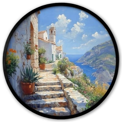Poster in lijst Rond - Fotolijst 40x40 cm - Posters - Trap - Huizen - Berglandschap - Zee - Ronde posterlijst zwart - Decoratie - Wanddecoratie woonkamer - Muurdecoratie slaapkamer