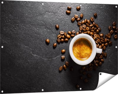 Gards Tuinposter Kopje Koffie met Koffiebonen - 120x80 cm - Tuindoek - Tuindecoratie - Wanddecoratie buiten - Tuinschilderij