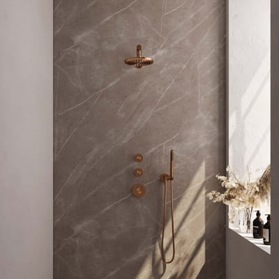 Brauer Copper Carving thermostatische inbouw regendouche SET 01 met 20 cm douchekop en rechte muurarm en staaf handdouche en doucheslang en wandaansluitbocht koper geborsteld PVD
