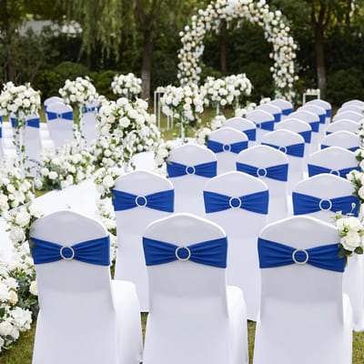 Froadp 30 stuks Blauwe elastische stoelband met bloem en strik — Herbruikbare decoratieband voor stoelleuningen, geschikt voor bruiloften, banketten en diverse feestelijkheden.