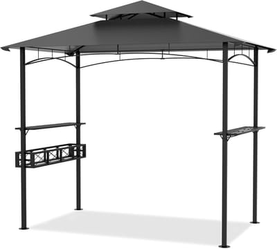 Barbecue Paviljoen 245 x 153 x 250 cm Vlamvertragend BBQ Tuinpaviljoen Met Zonbescherming Dubbel Dak en Planken Vrijstaand Tuinpaviljoen Set Balkon Buitenkeuken voor Feest, Marktkraam (Grijs) NAIZY