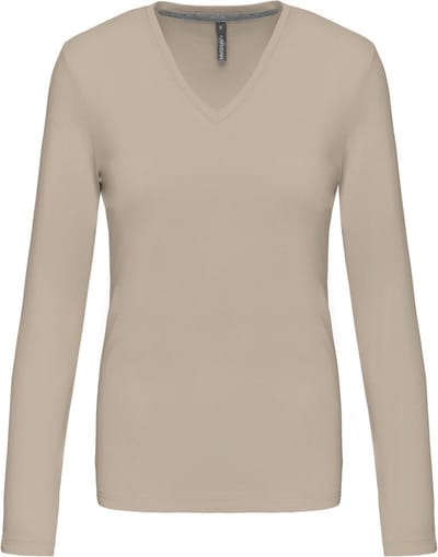 Kariban Dames t-shirt V-hals lange mouwen K382 - Light Sand - 3XL