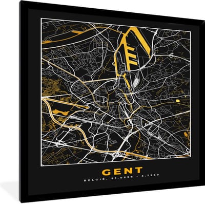 Fotolijst incl. Poster - Gent - Stadskaart - Plattegrond - Goud - Kaart - 40x40 cm - Posterlijst