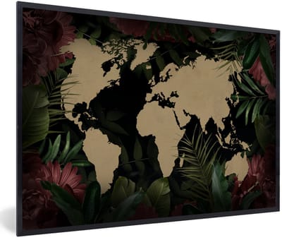 Poster in lijst - Fotolijst 90x60 cm - Posters - Wereldkaart - Bruin - Tropische planten - Posterlijst zwart - Decoratie - Wanddecoratie woonkamer - Muurdecoratie slaapkamer
