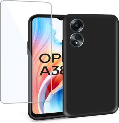 Geschikt voor OPPO A38 - Hoesje + Screenprotector – Gehard Glas Cover - Suède Case Zwart