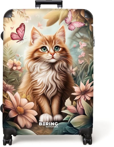 NoBoringSuitcases.com® - Koffer groot - Reiskoffer lichtgewicht - Kat in bloemenveld met roze vlinders. - Rolkoffer met 4 wielen - Grote trolley XL - 98 liter bagage