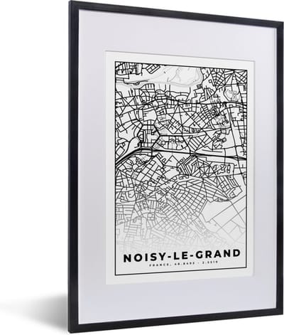 Fotolijst incl. Poster Zwart Wit- Stadskaart - Plattegrond - Kaart - Noisy-le-Grand - Frankrijk - Zwart wit - 30x40 cm - Posterlijst