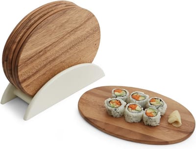 Set van 6 Acaciahouten Serveerplanken met Standaard voor Kaas, Sushi en Hapjes