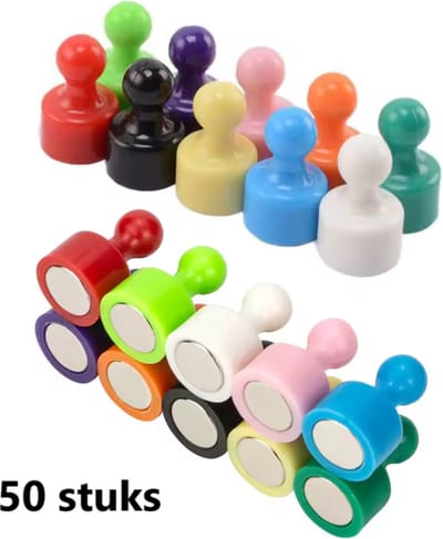 TLVX 50 stuks Sterke Pion Magneten 12 x 20mm / Magnetisch Sterk / Foto magneet / Koelkast magneten / Whiteboard magneten / Speel en leer magneten / Boodschappenlijst / Notitie / Kantoor / Schoolbord / Deurmagneet / Magneetjes ophangen / Alle kleuren