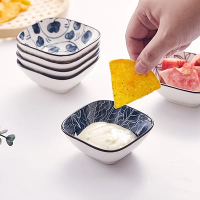 Stijl Keramische Dompelschaal, 8,4 cm Kleine Sojasaus Schaal voor Condimenten, Blauw en Wit Kleine Schaal voor Ketchup Stapelbare Bijgerecht Ramekins - Set van 6 (8,4 cm)