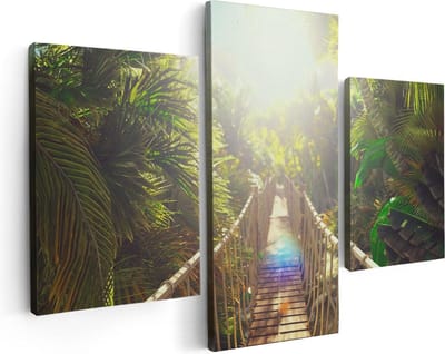 Artaza Canvas Schilderij Drieluik Houten Brug In De Tropische Jungle - 90x60 - Foto Op Canvas - Canvas Print