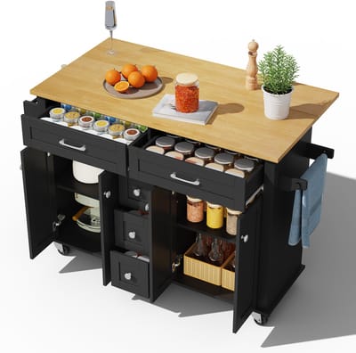 Multifunctionele keukenkar met opklapbaar werkblad, 120×65 cm uitbreidbaar, met 5 lades, kasten, kruiden- & handdoekhouder, op wielen – Kookeiland voor keuken, eetkamer & woonkamer