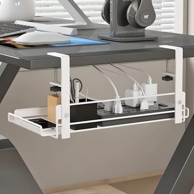 BlueTime - Metalen Bureau Kabelgoot - Kabel Management 27.5 cm - Kabelhouder - Boorloze en Lijm Vrije Installatie - Wit