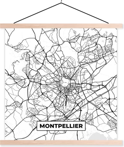 Posterhanger incl. Poster 40x40 cm - Schoolplaat - Montpellier - Stadskaart - Plattegrond - Kaart - Frankrijk - Zwart wit - Textielposter - Blanke latten - Stadskaart