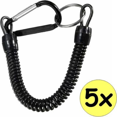 Uittrekbare Elastische Sleutelhanger Met Karabijnhaak - Uittrekbare Sleutelhanger Spiraal Large - Uittrekbaar - Verend - 24cm - Zwart - 5 Stuks