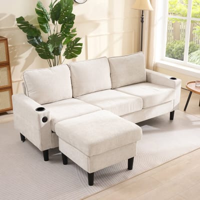 MODENUIT Hoekbank 202 x 137 cm - Usb- en Usb-C-Aansluitingen met Bekerhouders - Voor Woonkamer - Linnen Beige