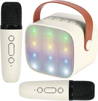 Mini Karaoke Machine Draagbaar Bluetooth Luidspreker Set met 2 Draadloze Microfoons en LED Lampjes voor Kinderen en Volwassenen
