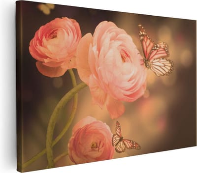 Artaza Canvas Schilderij Bloemen Met Vlinders - 30x20 cm - Klein - Wanddecoratie Woonkamer - Muurdecoratie Rozen - Kamer Accessoires