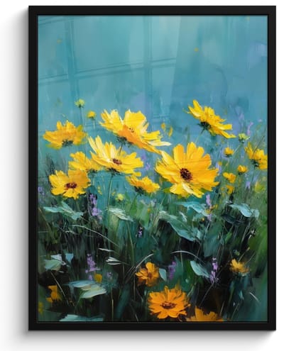 Poster in lijst - Fotolijst 60x80 cm - Posters - Penseelstreken - Bloemen - Felgeel - Abstract - Posterlijst zwart - Decoratie - Wanddecoratie woonkamer - Muurdecoratie slaapkamer