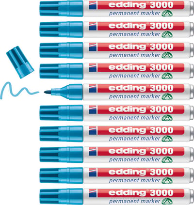 edding 3000 permanent marker - licht-blauw - 10 stiften - ronde punt 1,5-3 mm - sneldrogende permanent marker - water- en wrijfvast - voor karton, kunststof, hout, metaal - universele marker