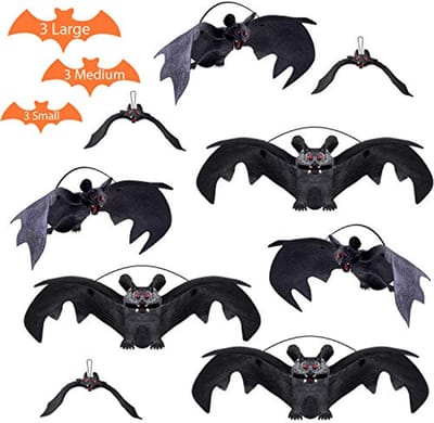 Thijox - Halloween Decoratie Set Vleermuizen Rubber Realistisch (3 Grote + 3 Middelgrote + 3 Kleine) Hanger Decoratie voor Feest, Tuin en Enge Sfeer
