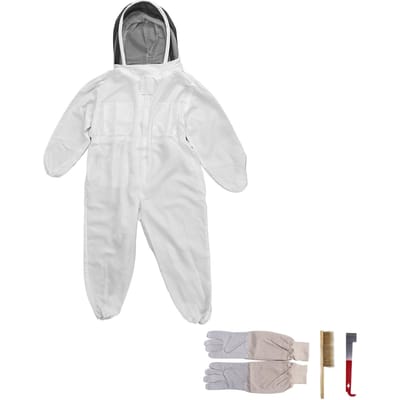 Combinaison d'apiculture blanche fine Gants en toile Balayette à abeilles à double poil Ensemble couteau à queue de cochon semi-rouge white