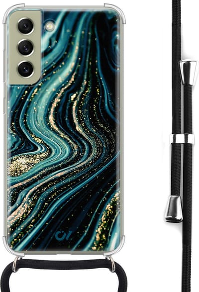 Telefoonhoesje met koord geschikt voor Samsung S21 FE - Blue Marble Waves - Inclusief koord - Transparant, Blauw - - Crossbody beschermhoes - Met Telefoonketting
