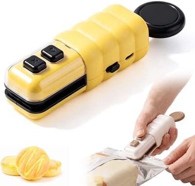 Bag Sealer Klein - Draagbare Mini-Sluitmachine - Draagbare Sluitmachine - 2-In-1 Sealer en Snijder - Handheld Sluitmachine - Zak Sealers - Met Magneet - Oplaadbaar Ontwerp - Voor Het Vers Houden Van Plastic Zakken, Voedsel en Snacks - Geel