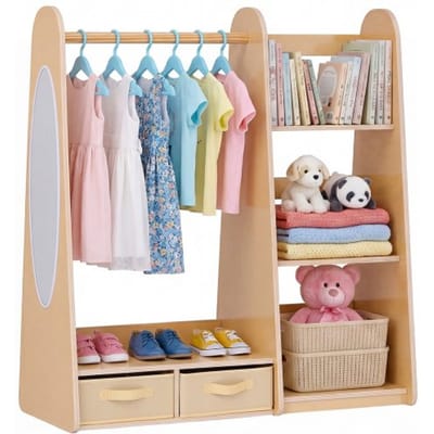 VEVOR Kinderkledingkast 98,5x40x106 cm, Kinderkledingkast met spiegel, kledingstang en planken, Verkleedkast met 2 stoffen lades voor meisjes, Kinderkledingkast voor verkleedpartijen, Slaapkamer, Natuurlijk hout
