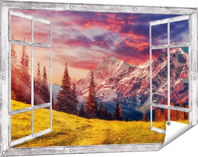 Gards Tuinposter Doorkijk Alpen Landschap met een Kleurrijke Hemel - 120x80 cm - Tuindoek - Tuindecoratie - Wanddecoratie buiten - Tuinschilderij