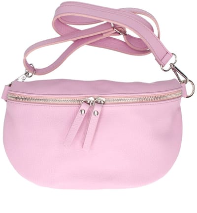 Snoeproze Leren Heuptas - Dubbele Rits - Leren Crossbody Tassen - Zilver Beslag - Dames Tassen - Borse in Pelle - Roze - Babyroze - Snoeproze
