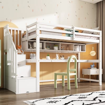 MODENUIT Hoogslaper 90x200 cm – Met Opbergtrap en Bureau – Met Planken – Kinderbed van Massief Hout en MDF – Zonder matras – Wit