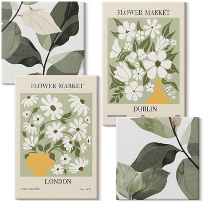 Wallfluent Set van canvas schilderijen - Bloemenpatronen Londen en Dublin delicate bladeren Canvas Schilderijen Set - Set van 4 Canvas Schilderijen - Groente Set van Canvas Prints - Natuur Canvas Kunst Set - Boheemse Canvas Kunst Set