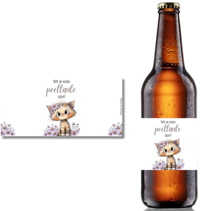 Bieretiket Peettante – Wil Je Mijn Peettante Zijn? – Katje met Bloemen – 18,5 x 9 cm - etiket