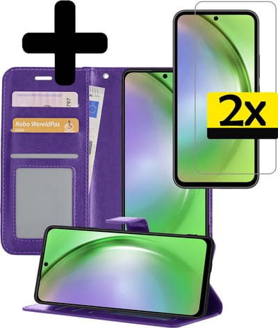 Hoesje - Met 2x Screenprotector - Geschikt voor Samsung Galaxy A54 - Luxe Pasjeshouder - Bookcase Portemonee - Flip Case - Kunstleer Book Case - Flipcase Hoes - Book Cover - Walletcase - Portemonneehoes - Telefoonhoesjes - Paars