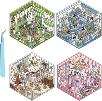 4 Sets 3D Huisstickers voor Creatieve Decoratie, DIY Miniatuur Stickers, Ontspan en Versier Jouw Ruimte met Schattige 3D Scènes en Inclusief Pincet