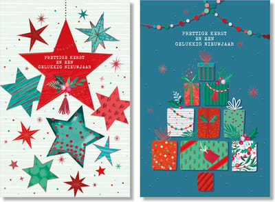 MGPcards - 20 Luxe dubbele wenskaarten - Kerstkaarten / Nieuwjaar - Foliebewerking - Witte envelop - 10.5 x 16 cm - 2 Motieven per doosje
