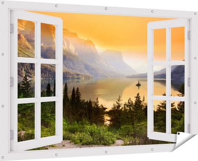 Gards Tuinposter Doorkijk Bergen met een Meer in Nationaal Park Glacier - 180x120 cm - Tuindoek - Tuindecoratie - Wanddecoratie buiten - Tuinschilderij