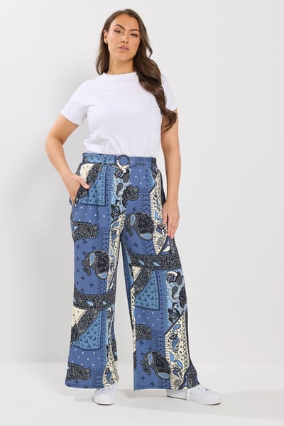 Yours Blauwe Broek Met Bandanaprint, Riem En Wijde Pijpen Size 44