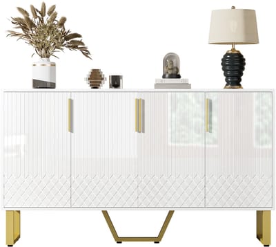 Dressoir - 140x40x80 cm - Hoogglans Dressoir Met 4 Deuren - Geometrisch Design - Metalen Poten - MDF - Wit