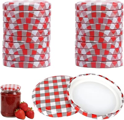 22 stuks twist-off schroefdeksels rood-wit geruit, geschikt voor flessen 82-85 mm, ideaal voor conserveren en opbergen van voedsel en dranken.