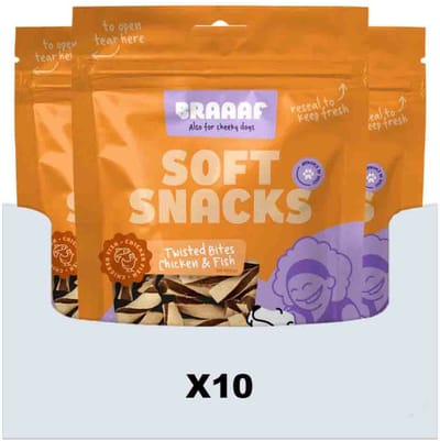 Braaaf Hondensnack Twisted Bites Kip - Vis - 10 x 85 gr - Voordeelverpakking