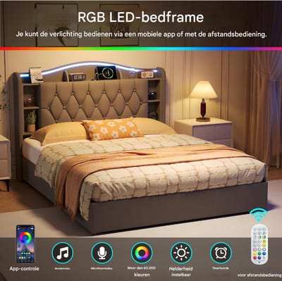 Opbergbed 140x190 cm Grijs Fluweel – Gasveer, LED Hoofdbord met USB & Verstelbaar