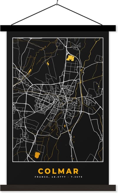 Posterhanger incl. Poster 40x60 cm - Schoolplaat - Stadskaart – Frankrijk – Kaart – Colmar – Plattegrond - Textielposter - Zwarte latten - Stadskaart