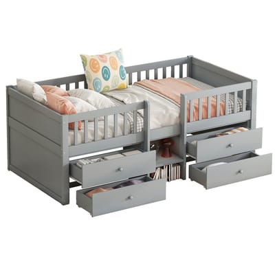YEHTOKHOME Halfhoog bed 90x200 cm met opbergruimte - Houten Kinderbed met valbescherming - 4 lades - ladder - grenenhout - grijs - zonder matras